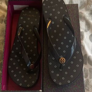 Tory Burch Black Polka Dot Logo wedge Flip Flops with Gold Emblem